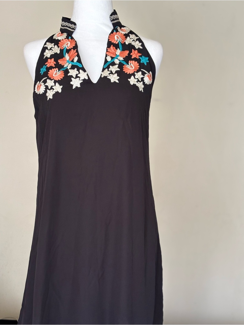 THML Embroidered Halter Neck Black Women's Knee length Dress